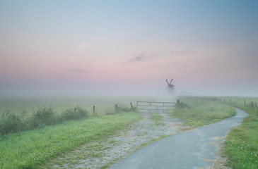 Fototapeta na wymiar road to Dutch windmill in morning fog