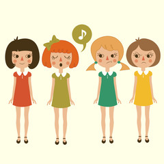 singing cartoon girls character, vector funny and cute kids