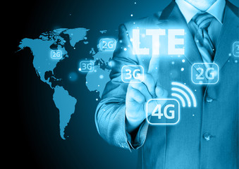 businessman is pushing his finger on lte button