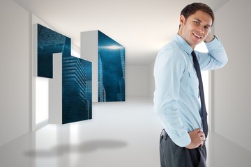 Fototapeta premium Composite image of thinking businessman with hand on head