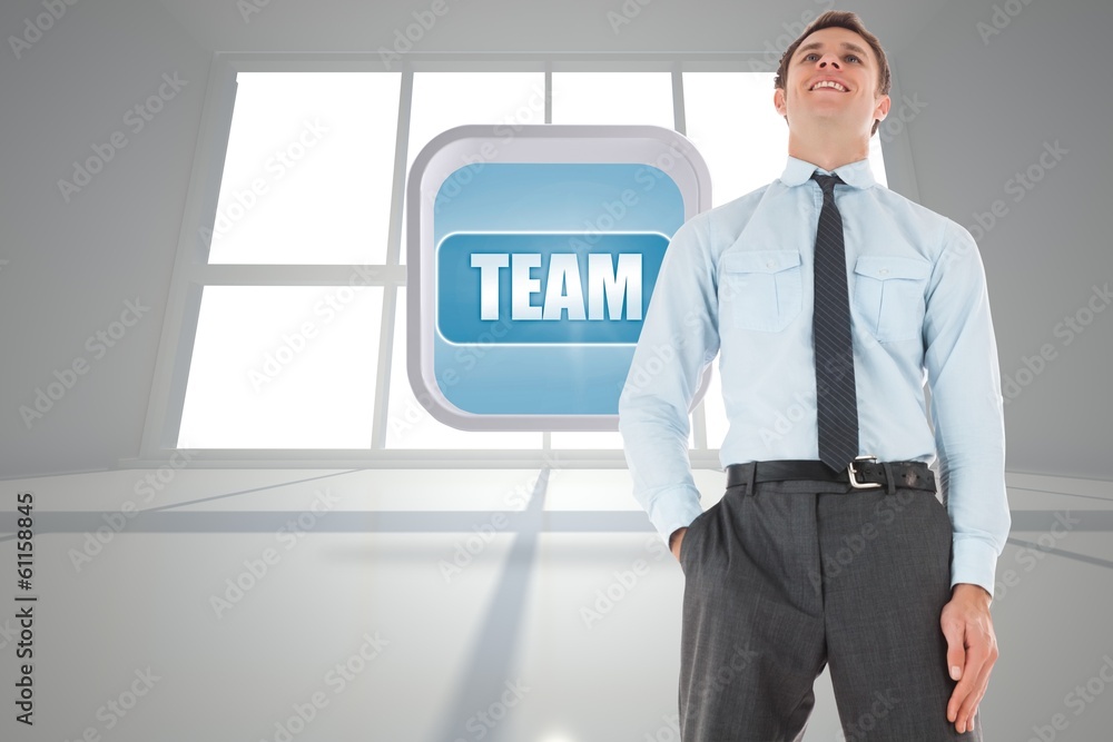 Poster composite image of happy businessman standing with hand in