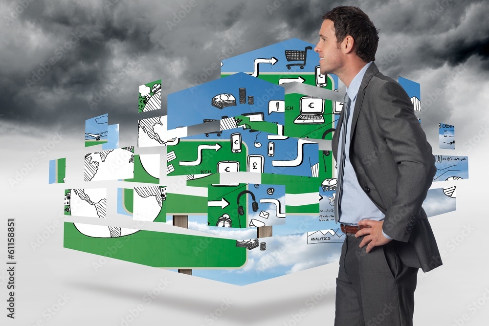 Poster composite image of smiling businessman with hands on hips