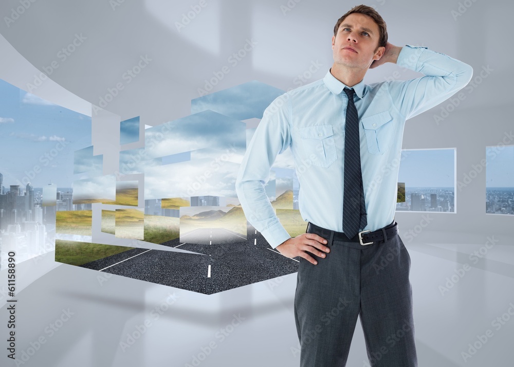 Poster composite image of thoughtful businessman with hand on head