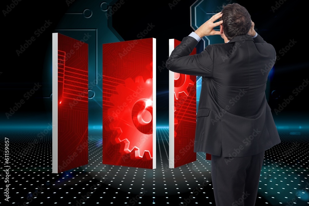 Poster composite image of stressed businessman with hands on head