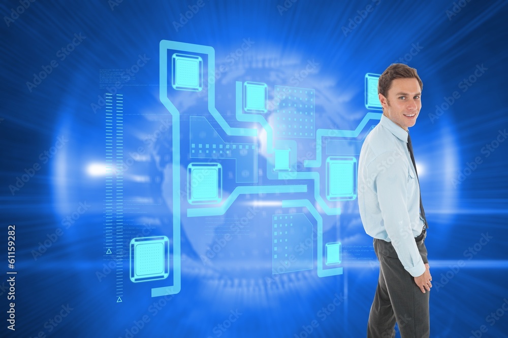 Poster composite image of happy businessman standing with hand in