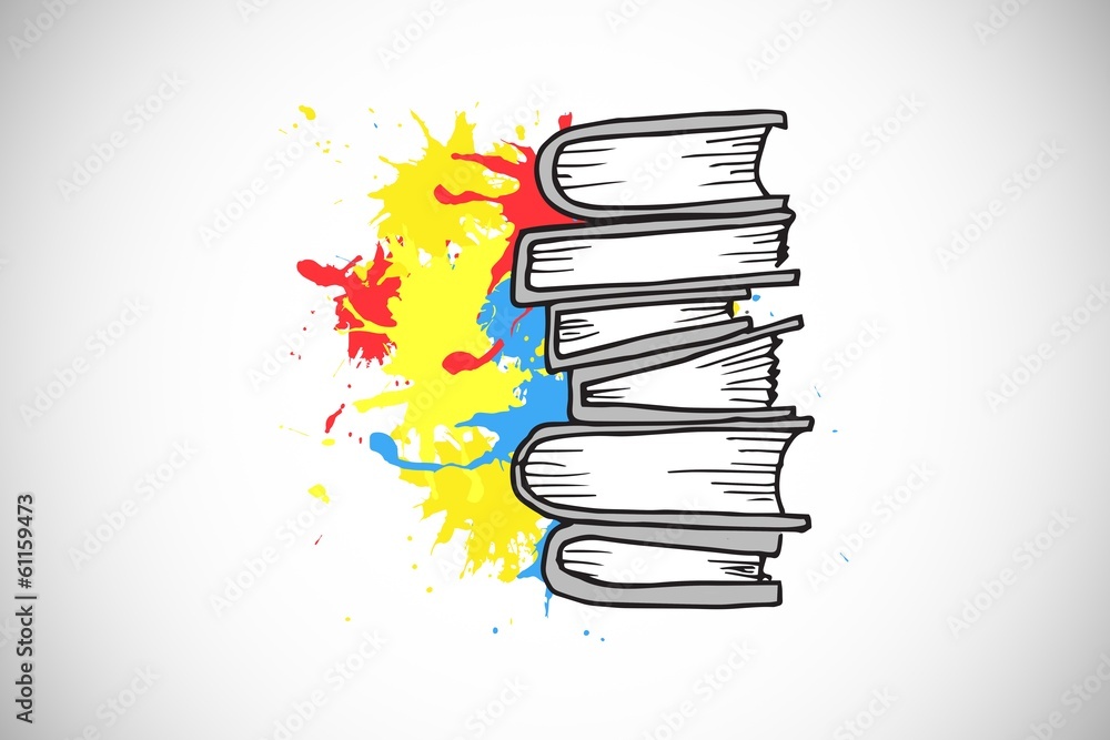 Poster composite image of pile of books on paint splashes