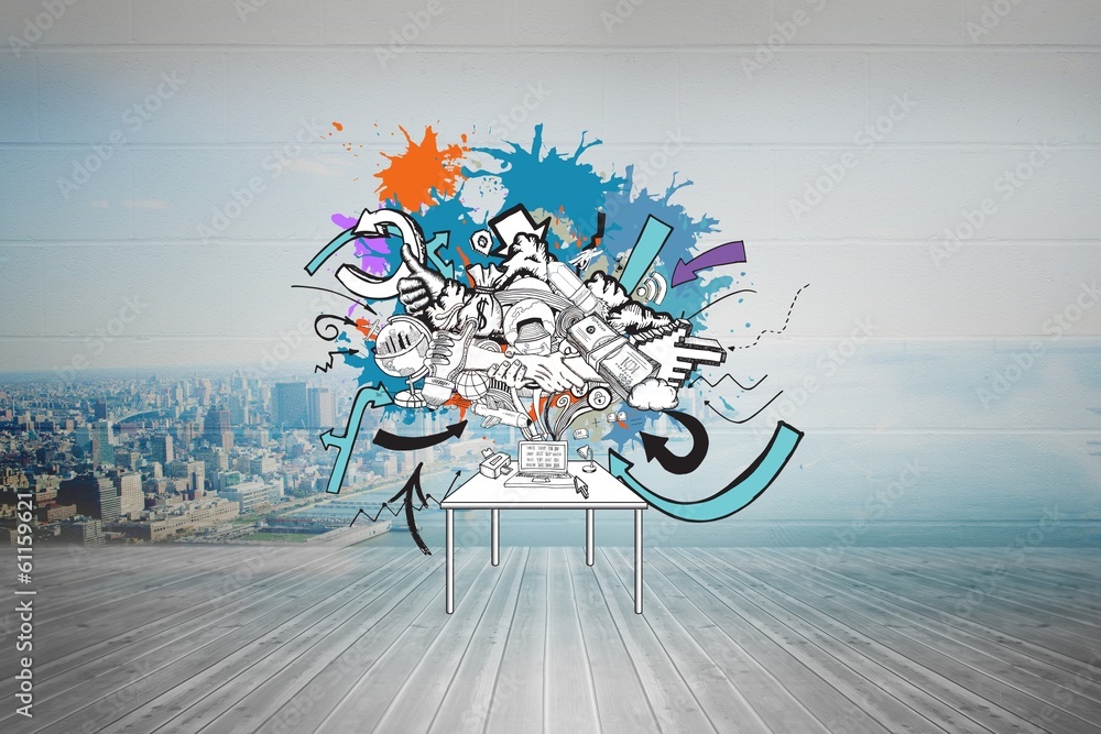 Poster Composite image of computer icons and arrows on paint splashes