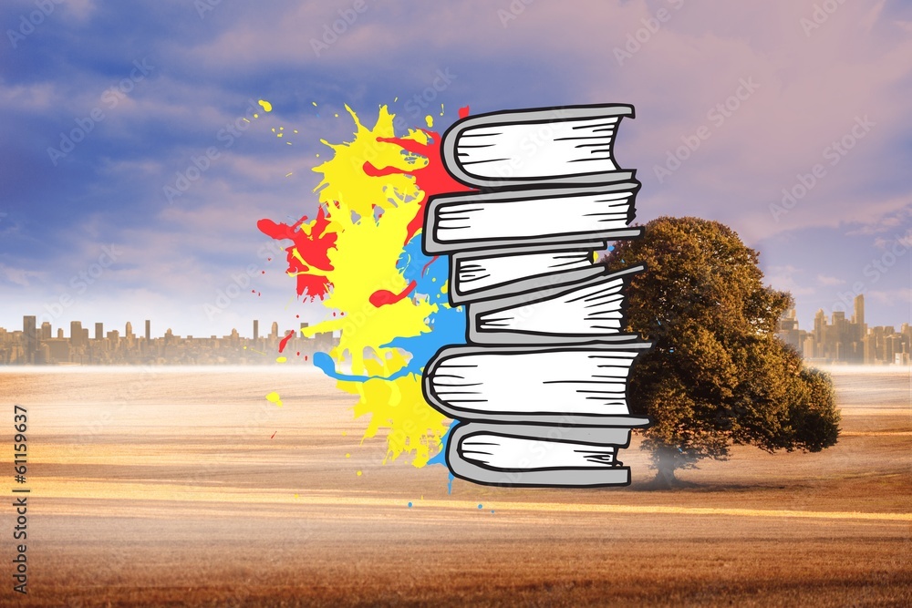 Poster composite image of pile of books on paint splashes