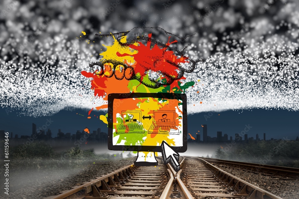 Poster composite image of business video chat on paint splashes