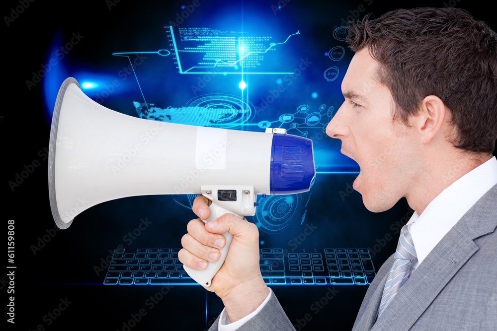 Poster composite image of businessman using a megaphone