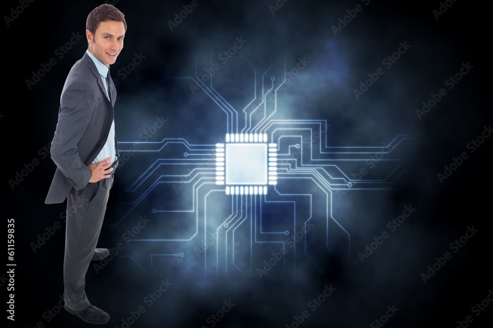 Poster composite image of cheerful businessman standing with hands
