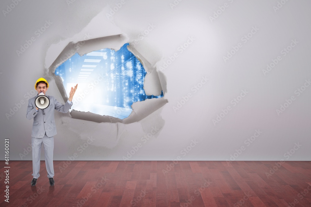 Poster Composite image of architect with hard hat shouting with a