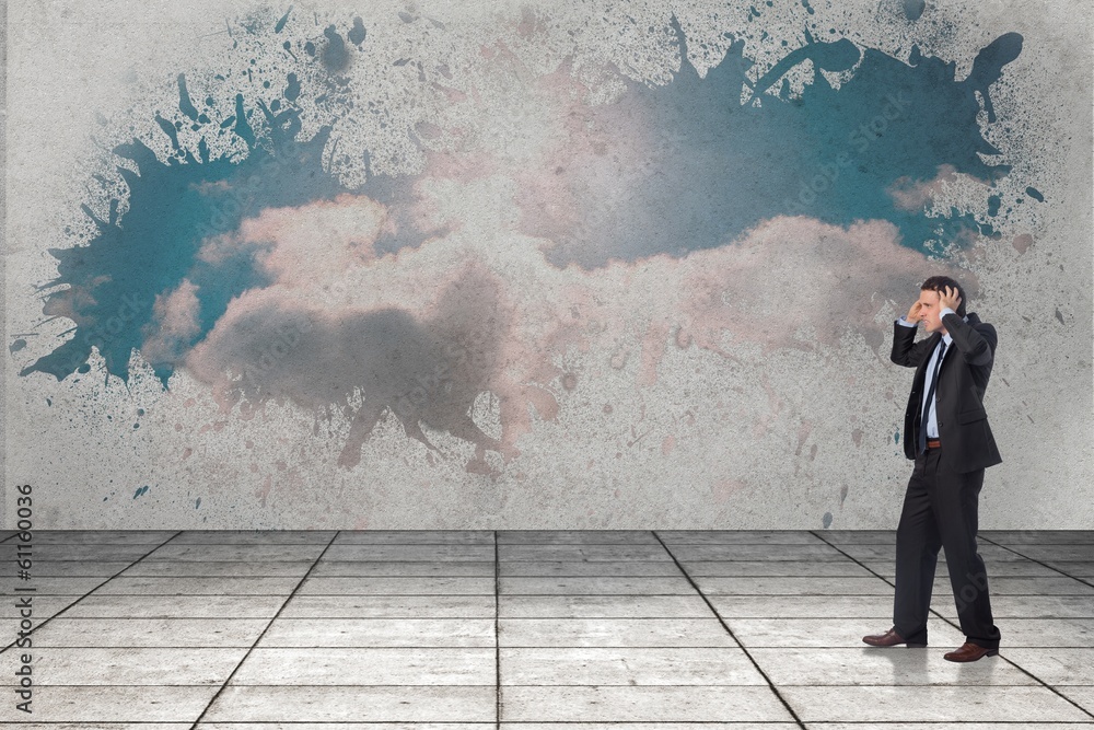 Poster composite image of stressed businessman with hands on head