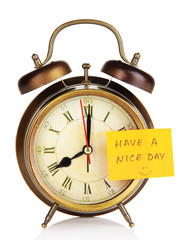 Alarm clock with sticker isolated on white