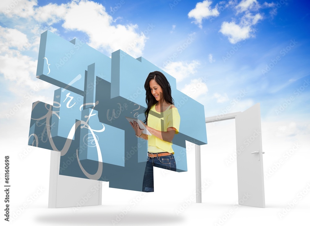 Poster Composite image of student using tablet on abstract screen