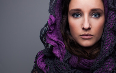 Woman shawl close up face portrait - 61161284