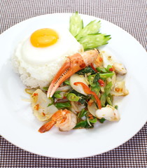 fried basil leave with seafood and white rice