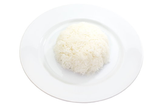 cooked steamed white rice on white background