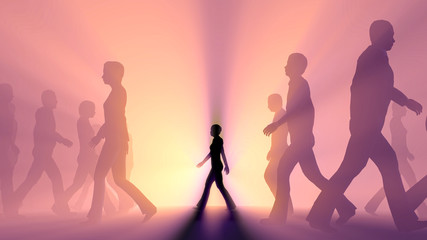 Obraz premium crowd of people walking in the fog