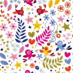birds, flowers, stars and hearts pattern