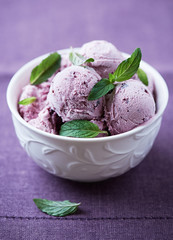 Bluberry Ice Cream with Mint Leaves