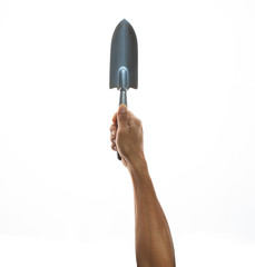 hand holding gardenning tool isolated white  background