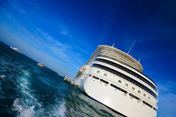 Cruise ship in the ocean with several smaller boats around