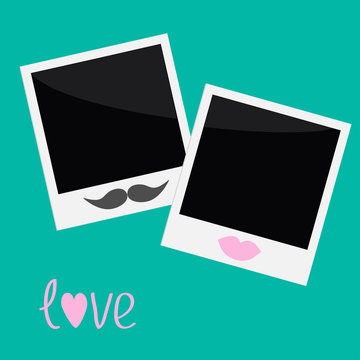 Two Instant photos with lips and moustache. Flat design style. L