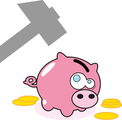 Cartoon pink pig money box and hummer.