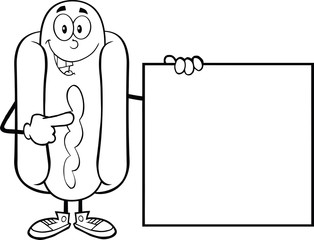 Black And White Happy Hot Dog  Character Standing With A Sign