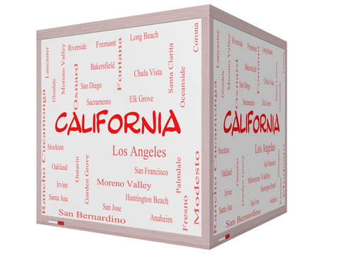 California State Word Cloud Concept on a 3D cube Whiteboard