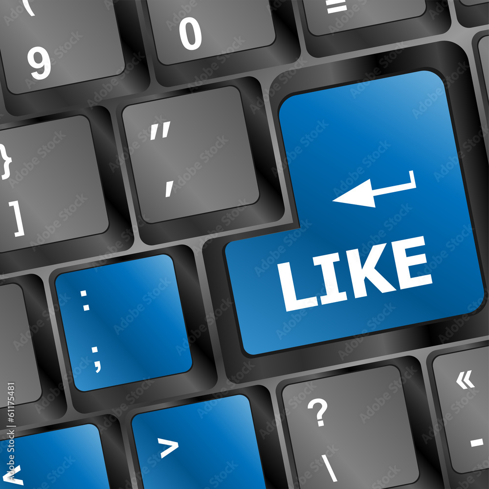 Poster blue like button on keyboard keys close-up