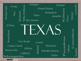 Texas State Word Cloud Concept on a Blackboard