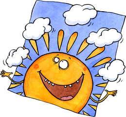 Smiling sun juggling clouds