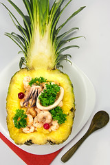 Shrimp salad in pineapple.Seafood.