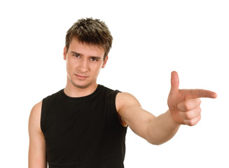 young man showing negative sign on white background