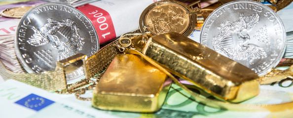 Euro Bills, Gold and Silver