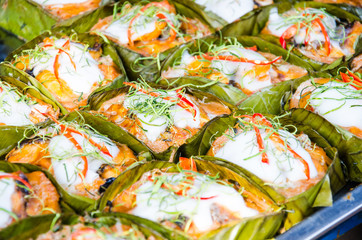 Fototapeta na wymiar Steamed fish with curry paste, Thai food.