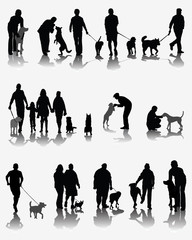 Black silhouettes and shadows of people with dog, vector