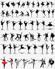 Black ballerina silhouettes on gray background, vector - obrazy, fototapety, plakaty