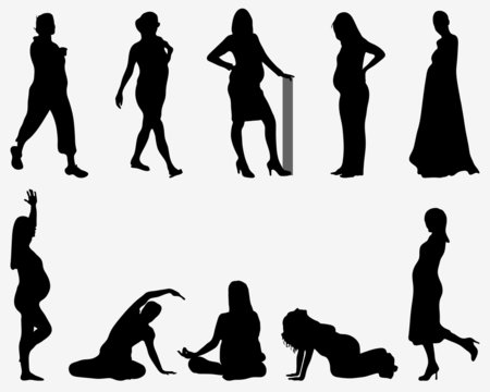 Black silhouettes of pregnant on a gray background, vector