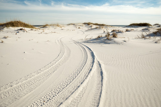 Tire Tracks In The Beach Sand Dunes