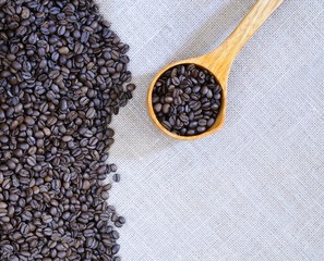 Coffee beans on a burlap.