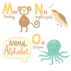 Fototapeta premium Cute zoo alphabet in vector. M, n, o letters.