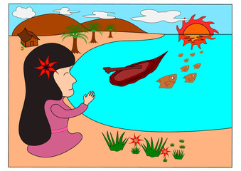 Woman smiling and waving to fish