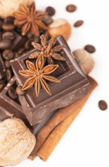 chocolate bars with its ingredients isolated on white background