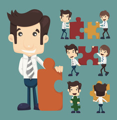 Set of businessman holding up jigsaw puzzle pieces as a solution