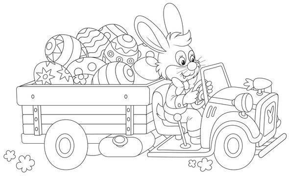 Easter bunny rides a truck with Easter eggs
