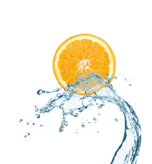 Orange is Dropped into Water splash on white