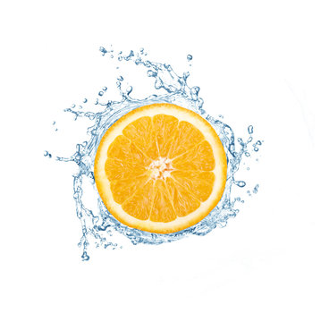 Orange is Dropped into Water splash on white